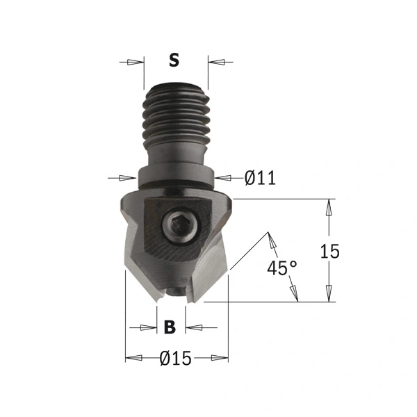 Försänkare 45° med utbytbar skärplatta, Ø15 mm skärdiameter, Ø11 mm skaft och gängad infästning – för precisionsförsänkning i metall.