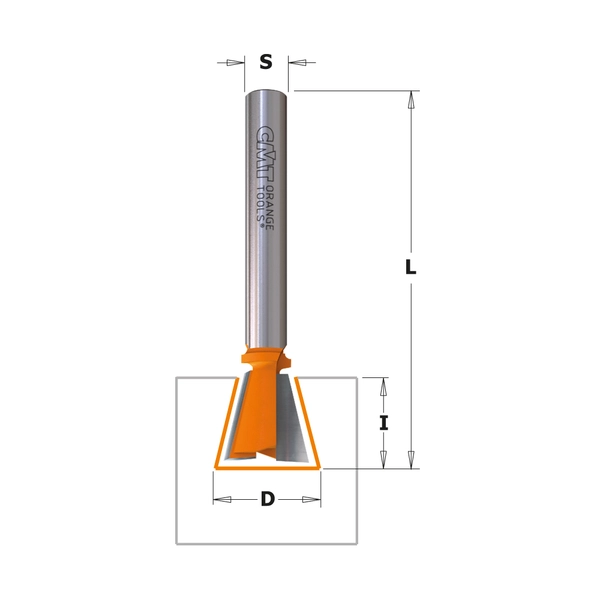 CMT fasfräs med cylindriskt skaft (S), markerad diameter (D), skärhöjd (I) och total längd (L) – för exakt 45° kantfasning i trä och snickeriarbeten.