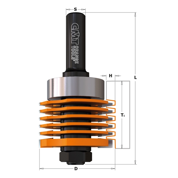 CMT fingerskarvfräs med cylindriskt skaft (S), markerad diameter (D), total längd (L) och skärhöjd (H) – för exakt fingerskarv och stark limfog i trä.