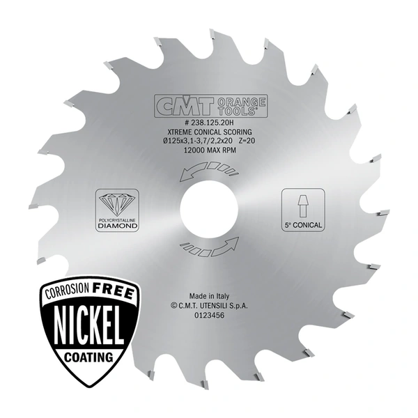 CMT ritsklinga 125x3,1–3,7x2,2x20 mm Z20 238.125.20H Xtreme Conical för formatsåg och melamin