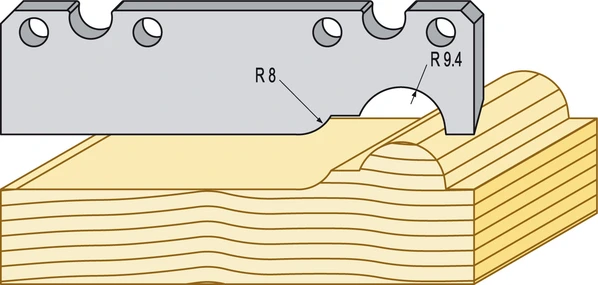 Bröstlist profilstål i HSS för TB90 som fräser en rundad profil i trä, med markerade radier R8 och R9.4 i teknisk ritning.