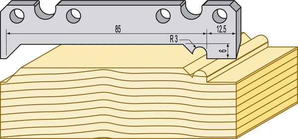 Dekor profilstål i HSS för TB90 som fräser en dekorativ träprofil med radie R3 och angivna mått i teknisk ritning.