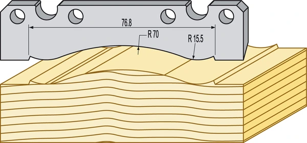 Foder profilstål i HSS för TB90 som fräser klassisk foderprofil i trä med radier R70 och R15,5 samt breddmått 76,8 mm enligt teknisk ritning.