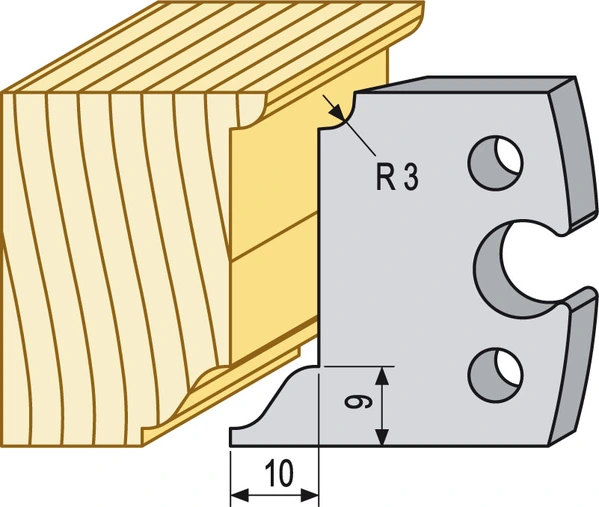 Fönsterprofil i HSS för TB90 som fräser träprofil för karm eller båge med radie R3 samt mått 10 mm och 9 mm enligt teknisk ritning.