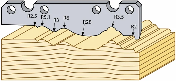 Golvlist profilstål i HSS för TB90 som fräser dekorativ sockelprofil i trä med radier R2,5, R5,1, R3, R6, R28, R3,5 och R2 enligt teknisk ritning.