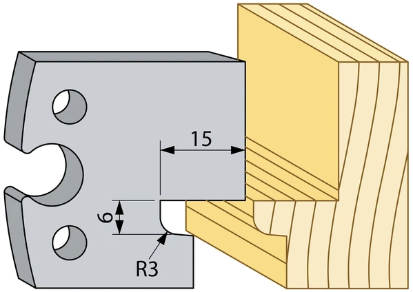 Hörnlist profilstål i HSS för TB90 som fräser invändig hörnprofil i trä med mått 15 mm, djup 6 mm och radie R3 enligt teknisk ritning.