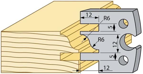 Luckprofil profilstål i HSS för TB90 som fräser ram- och spegellucka i massivträ med radier R6 samt mått 12 mm, 5 mm och 2 mm enligt teknisk ritning.