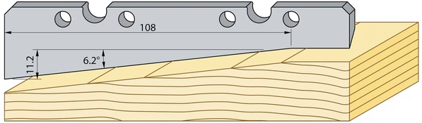 Profilstål i HSS för TB90 som fräser inomhuspanel i trä med 108 mm bredd, 6,2° lutning och 11,2 mm mått enligt teknisk ritning.