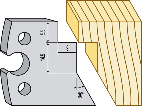 Profilstål i HSS för TB90 som fräser utvändig panelprofil i trä med 30° fas, 14,5 mm höjd, 9,9 mm mått och 9 mm steg enligt teknisk ritning.