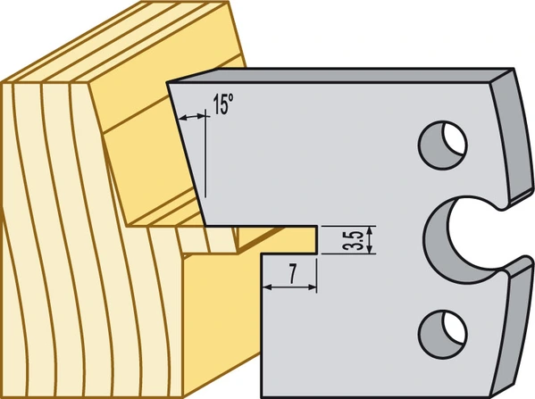 Profilstål i HM (hårdmetall) för TB90 som fräser träprofil med 15° lutning samt mått 7 mm och 3,5 mm enligt teknisk ritning.