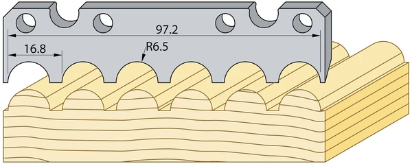 Radiefräs i HSS för TB90 som fräser upprepad konkav radieprofil i trä med R6,5, 97,2 mm längd och 16,8 mm delning enligt teknisk ritning.