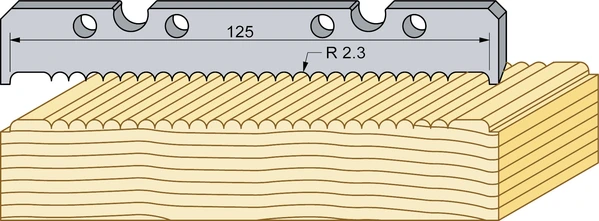 Trallfräs i HSS för TB90 som fräser räfflad trallprofil i trä med 125 mm bredd och radie R2,3 enligt teknisk ritning.