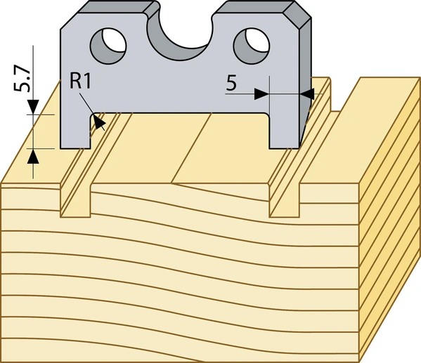 Spårfräs i HSS för TB90 som fräser notspår i trä med 5 mm bredd, 5,7 mm djup och radie R1 enligt teknisk ritning.