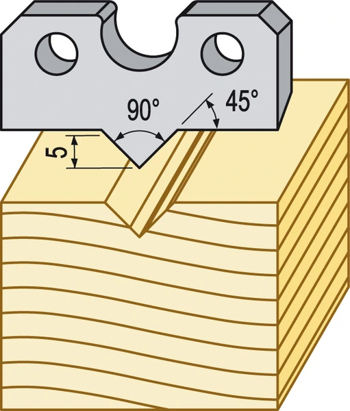 V-notfräs i HSS för TB90 som fräser 90° V-spår i trä med 45° flankvinkel och 5 mm djup enligt teknisk ritning.