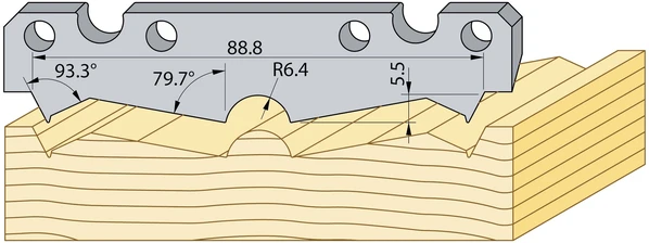 Specialprofil i HSS för TB90 som kombinerar flera vinklar (93,3° och 79,7°), radie R6,4 samt 5,5 mm djup enligt teknisk ritning.