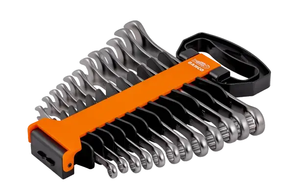 Bahco blocknyckelsats i hållare med flera fasta nycklar i olika storlekar för professionellt montage och servicearbete.