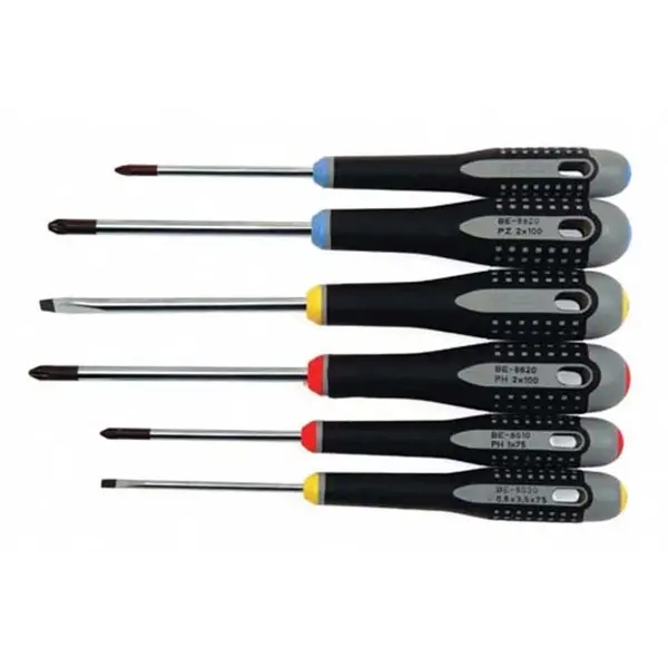 Bahco skruvmejselsats med PH, PZ och spårmejslar i olika dimensioner samt ergonomiska tvåkomponentshandtag för professionellt montage och installation.