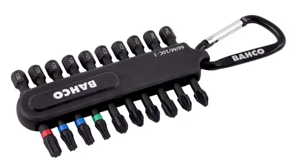 Bahco bitsats med färgkodade bits i hållare med karbinhake, anpassad för PH, PZ och Torx skruvdragning inom professionellt montage och service.