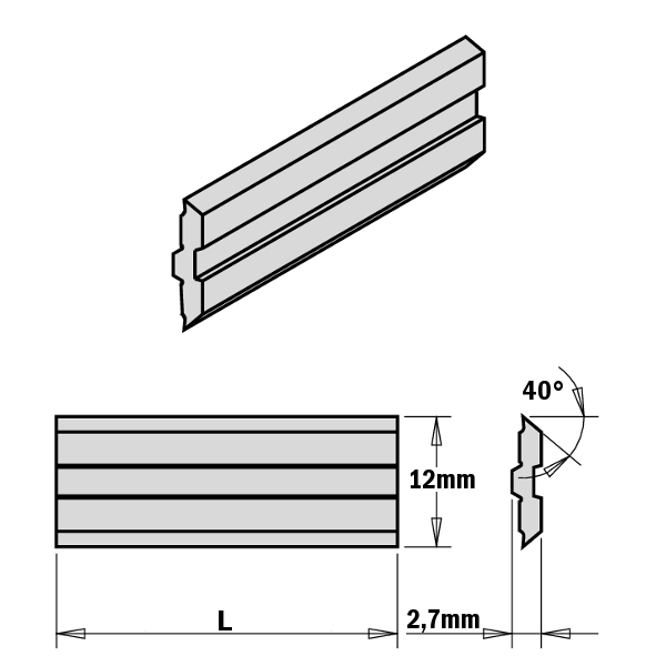 Teknisk ritning av Centrofix hyvelstål med måttangivelser 12 mm höjd, 2,7 mm tjocklek och 40° skärvinkel för planhyvel och träbearbetning.