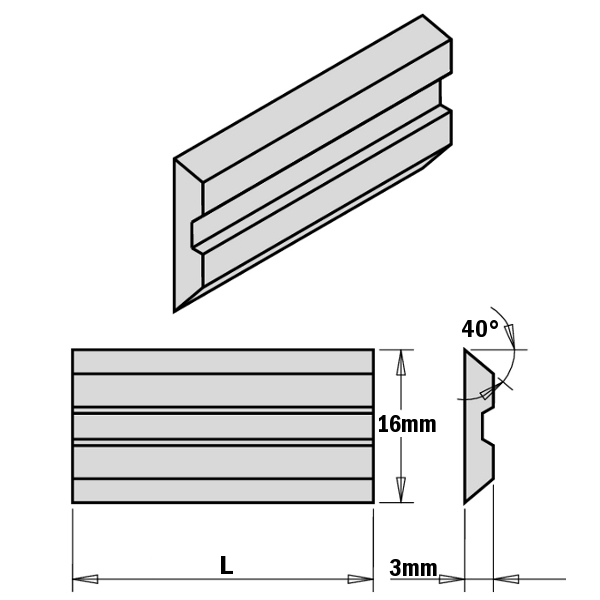 Teknisk ritning av Centrolock hyvelstål med 16 mm höjd, 3 mm tjocklek och 40° skärvinkel för planhyvel och professionell träbearbetning.