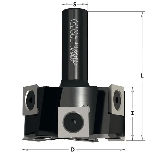 CNC planfräs med vändskär för planing och falsning i trä och MDF, skaftfräs med mått D, L och S angivna