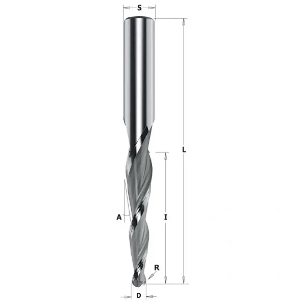 Gravyrfräs för CNC med spiralgeometri och spets för exakt gravering i trä och MDF, mått D, L och S angivna