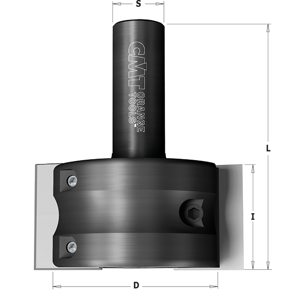 CNC-kutter med vändskär för planing och profilbearbetning i trä och MDF, kutterskalle med mått D, L och S angivna