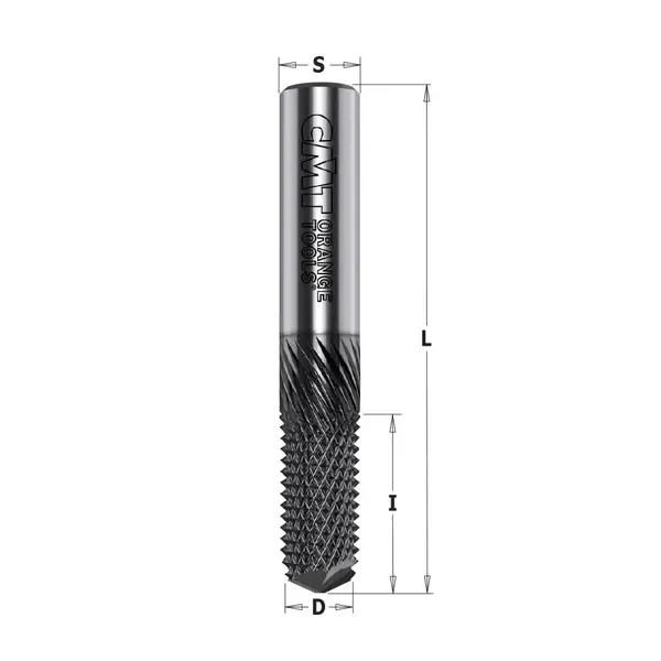 Solid spiralfräs i hårdmetall för CNC med grovtandad spiralgeometri för effektiv bearbetning i trä och MDF, mått D, L och S angivna