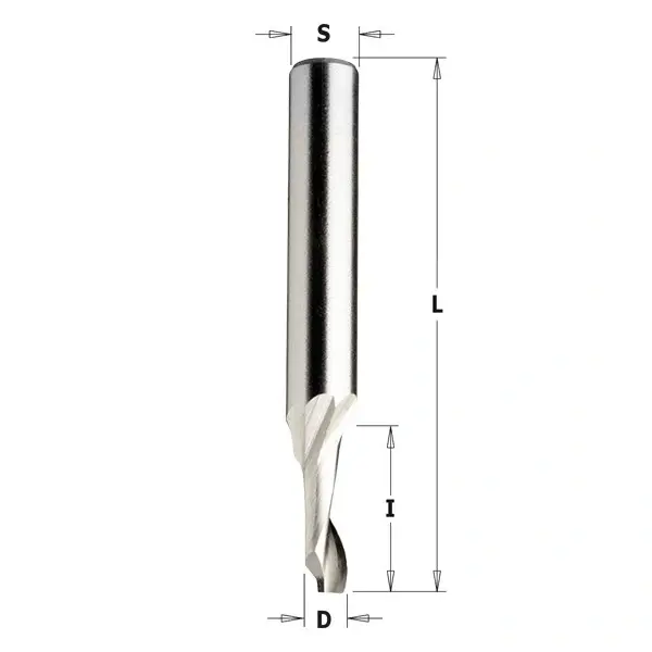Spiralfräs för CNC i solid hårdmetall med uppskärande spiralgeometri för exakt bearbetning i trä och MDF, mått D, L och S angivna