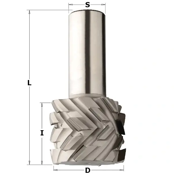 Traktorfräs för CNC med grovtandad skärgeometri för hög materialavverkning i trä och MDF, mått D, L och S angivna