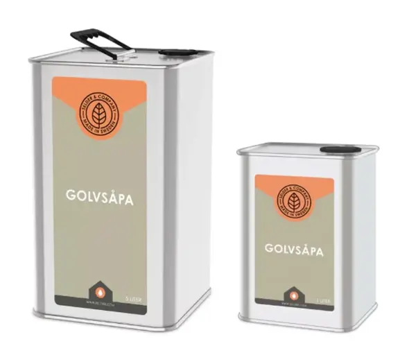 Golvsåpa för rengöring och förbehandling av trägolv före ytbehandling, finns i 1 liter och 5 liter förpackning