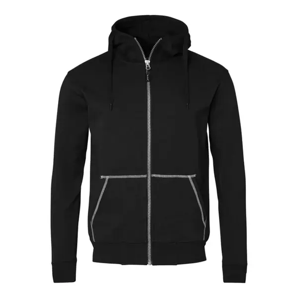 Svart arbets hoodie med dragkedja och fickor, slitstark arbetströja för bygg och industri