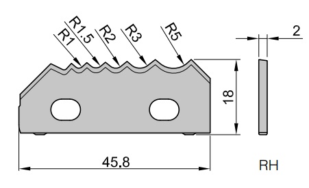 Frezite Sickelskär HW 45,8x18x2,0 LH, R=1/1,5/2/3/5/20° antisprickfas,  polérslipad,  för Homag