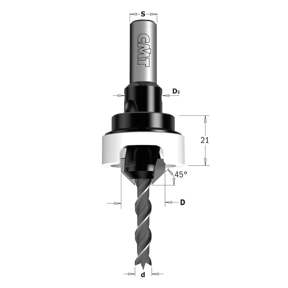 CMT Försänkarset HW Z=2, 45° komplett Ø3,0/12 S=8x25 inkl borr/stopp