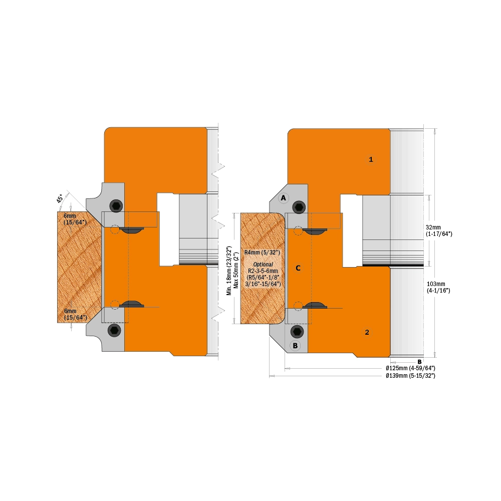 CMT Radie/fasskär HW 20x20,5x2 R2/45° Typ A för överdel,  1 par