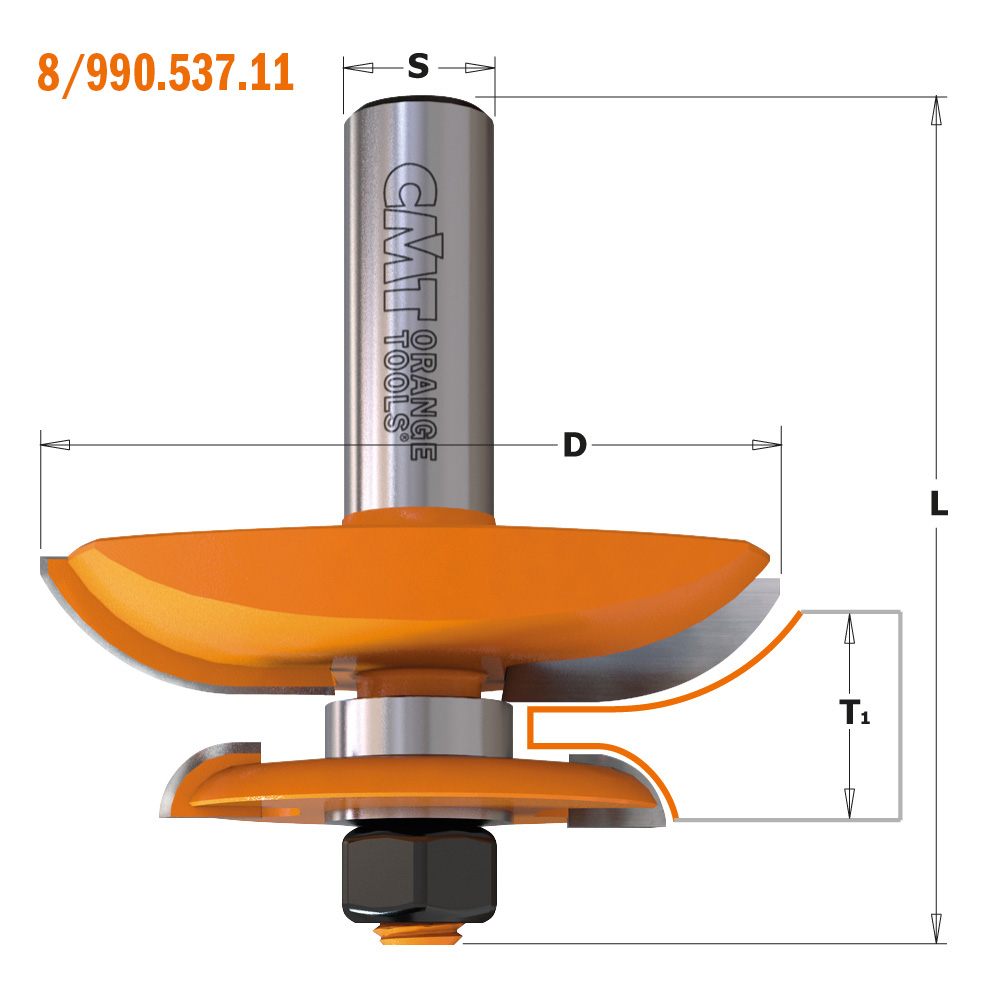 CMT Frisfräs HW Z=2 med baks.fräs & kullager Profil A1, Ø63,5  L=70  S=12,0,  T1=11,1-17,5